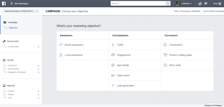 Página inicial Facebook Ads Manager